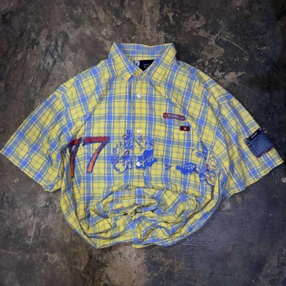 Bugle Boy Men’s Y2K Medium Yellow Blue plaid button-up shirt | Streetwear Biker
